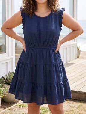 E&M Navy Blue Lace Ruffle Sleeve Dress Size L Boho Tiered Dress